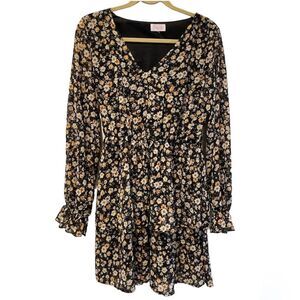 Pink Lily Floral V-Neck Long Sleeve Boho Mini‎ Dress Black Yellow Size Medium